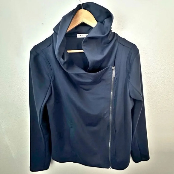 Dkny Jackets & Blazers - DKNY JEANS | Navy Blue Asymmetrical Zipper Thick Knit Jacket Hood | Size XL
